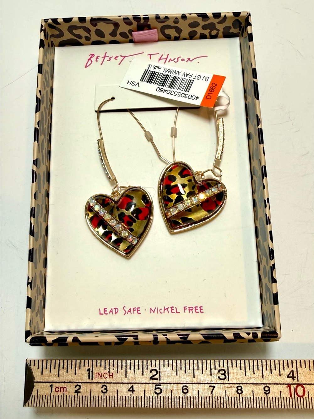 Betsey Johnson Gold Heart Dangle Earrings with Leopard Print and Clear Crystals